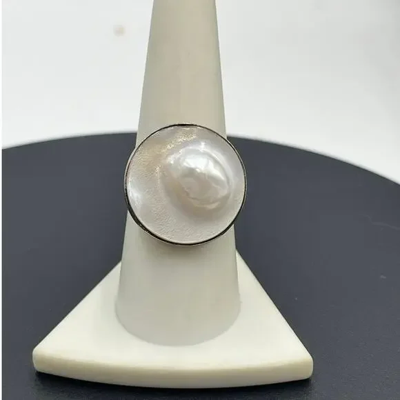 Sterling‎ Silver Natural White Blister Pearl Shell Round Ring 8.5