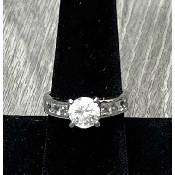 Silver Tone CZ Engagement Ring‎ Round Solitaire Channel Set Band Womens Wedding