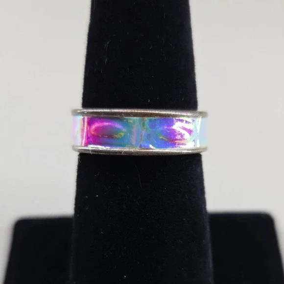 Iridescent‎ Holographic Fabric Inlay Band Ring Silver Tone Size 7 Oil Slick