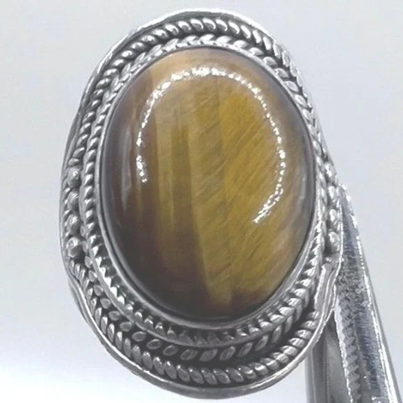 Vtg Sterling Silver 925 Tigers Eye Gemstone Ring Size 7‎ Unisex Artisan Made 10g