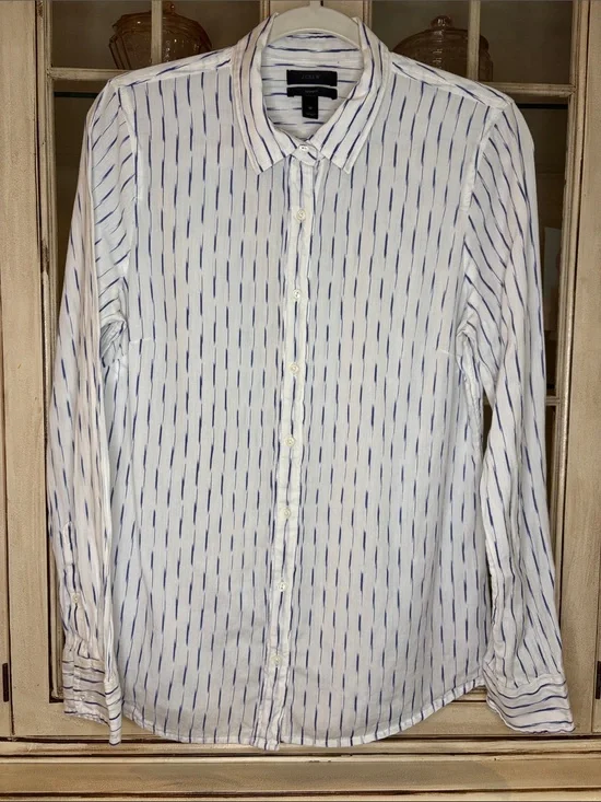 J. Crew 100% Cotton White Button-Down Shirt with Blue Dash Stripe
