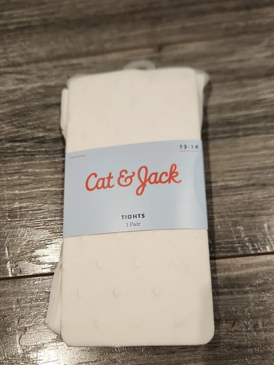 NWT Cat & Jack Girls Sz 12-14 White w/dots Footed Tights