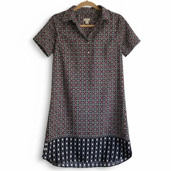 J. Crew Short Sleeve Shirt Dress Multicolor Geometric Print Preppy Casual Size 4