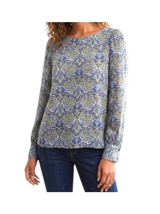 J.Crew Blue Floral 100% Silk Boho Cottage Business Career Blouse Size 8
