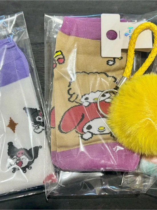 3 sets/bundle- Sanrio no show Socks with Pom bag keychain/Charm