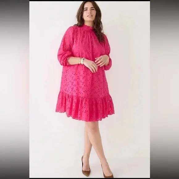 J. Crew Ruffleneck Mini‎ Dress In Eyelet Pink 100% Cotton Dress Size Small