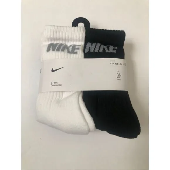 Nike Boys Cushioned Crew Socks 6 Pack (Grey/White/Black) size 10C- 3Y