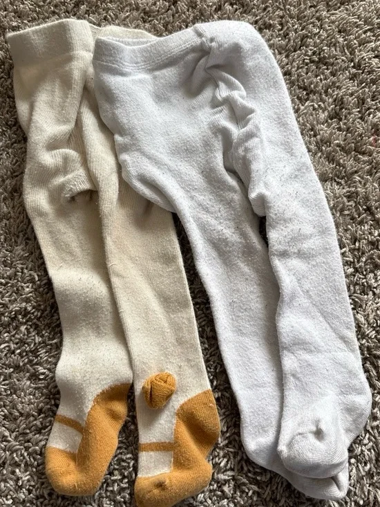Kids Cotton Blend Tights - White and Cream with Mustard Accents