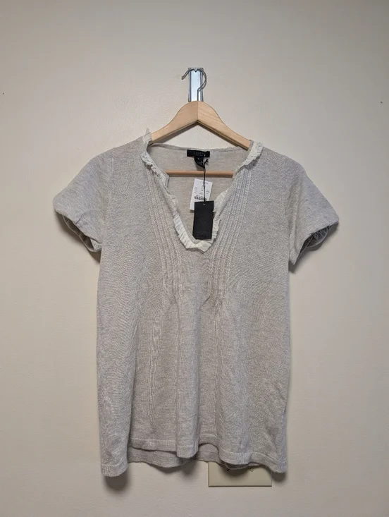 J.Crew 100% Cashmere Ruffle Neck Tee Gray Short Sleeve S NWT