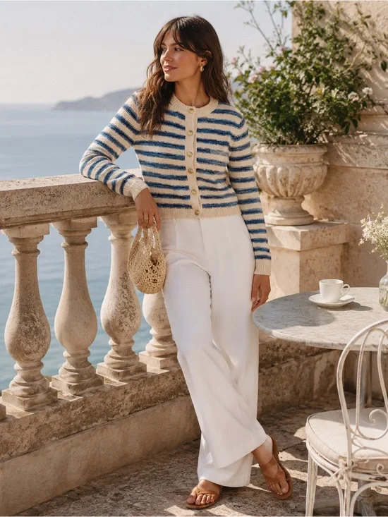 J.Crew Factory Striped Cardigan Sweater Women Size S  Blue White Cotton Button