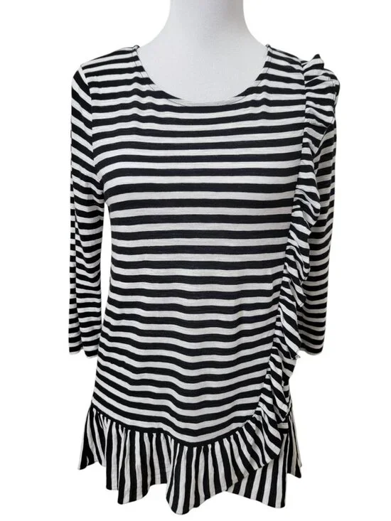 J. Crew Size S Black & White Striped Ruffled Trim Tunic with Asymmetrical Ruffle
