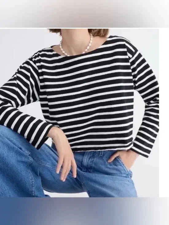J. Crew Women's Cropped Fit Striped Boat Neck Top Black White Stripe Size Large