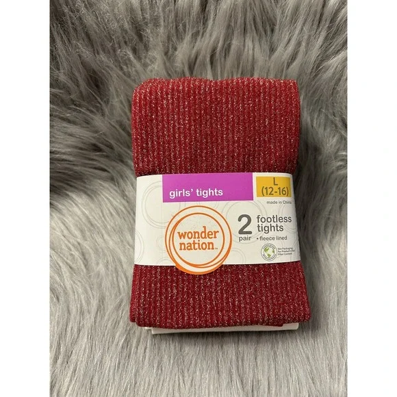 Wonder Nation Footless Fleece Lined Tights Girls Size Large 2 Pack Red & White