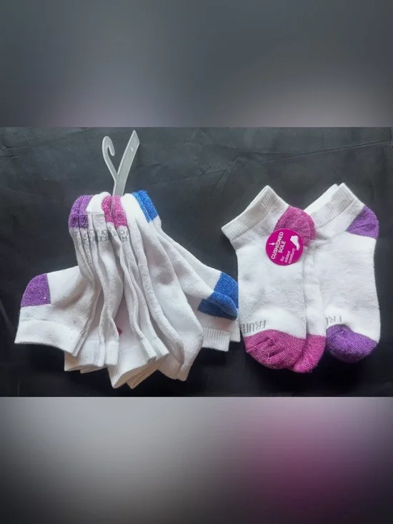 C15 Kids White Low-Cut Athletic Socks with Pink & Purple Accents, 7 pairs
