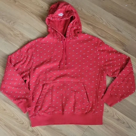 Nike Red Hoodie Pullover Sweatshirt w/ White Allover Swoosh Print - Men's Size M