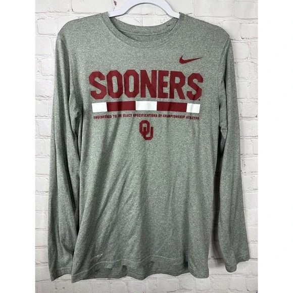 NIKE OU Oklahoma SOONERS gray long sleeve‎ t-shirt sz S The Nike Tee Dri-Fit GUC