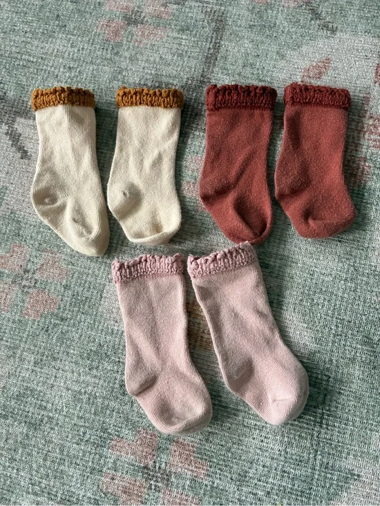 3 Pairs Autumn Baby knee socks with Ruffle Lace Trim -Cream, Rust, Blush, EUC