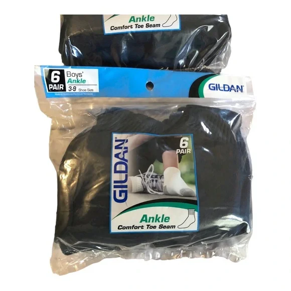 12pairs Gildan Boys’ comfort toe seam black ankle socks, fits shoe size 3-9. new