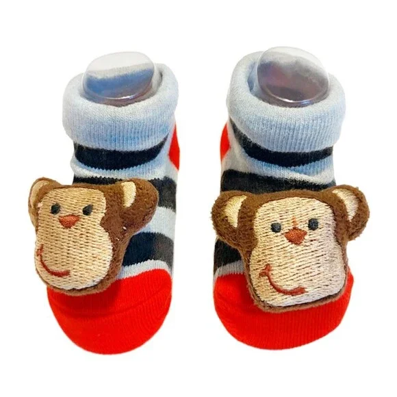 Monkey Head Face Infant Newborn Baby Texture Grip Socks Multicolor Strips NEW