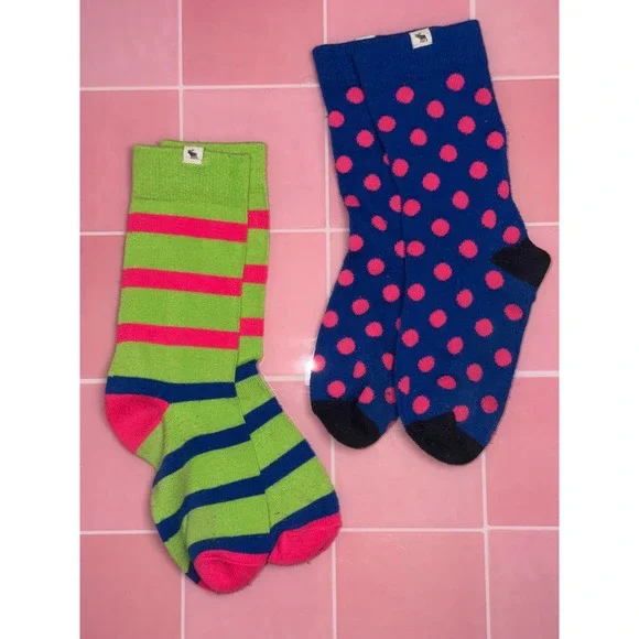 Abercrombie Kids Crew Socks 2 Pair Bundle Polka Dot Striped Blue Green Large