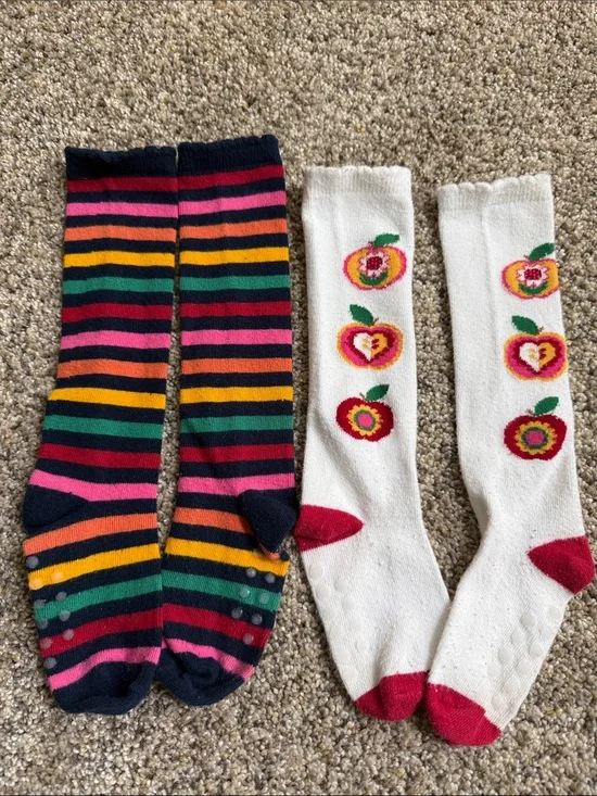 Little Girls Multi-Color Striped and White Apple Knee-High Socks