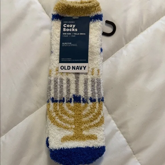 Old Navy White, Gold & Blue Menorah Cozy Crew Socks
