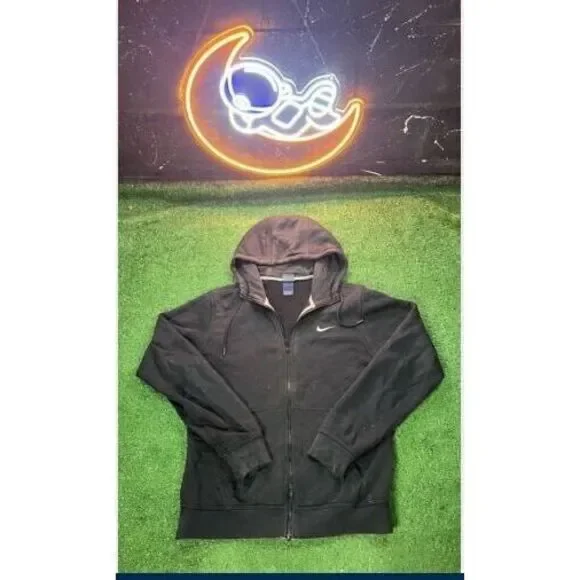 Vintage Nike Y2k Mens Size Medium Black Distressed Full Zip Up Hoodie Sweatshirt