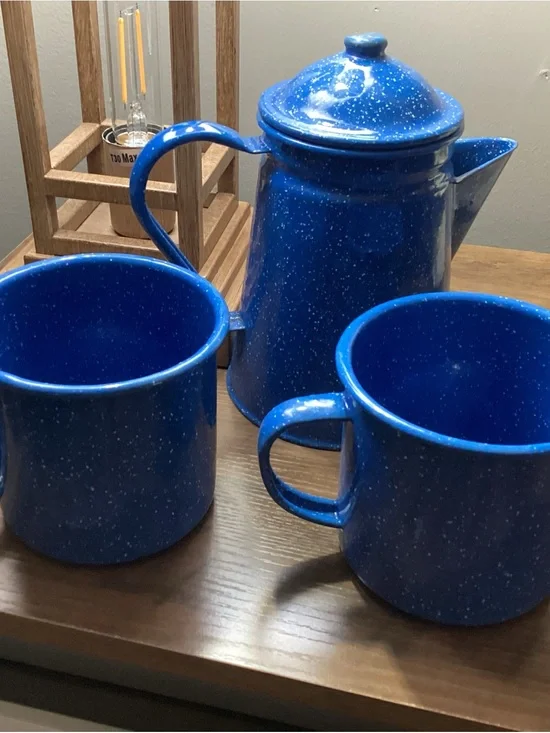 Blue Speckled Enamel Coffee Pot & Mugs Set
