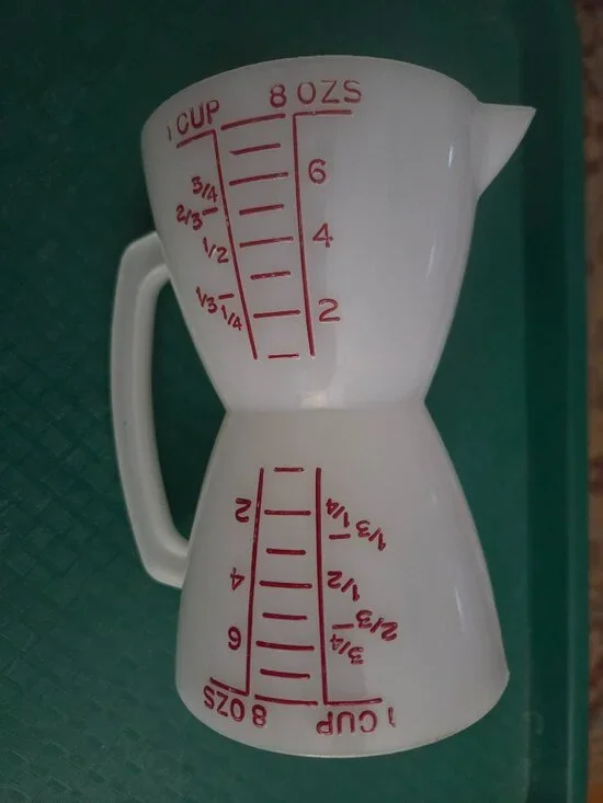vintage tupperware wet and dry measuring cup hourglass 2 sided