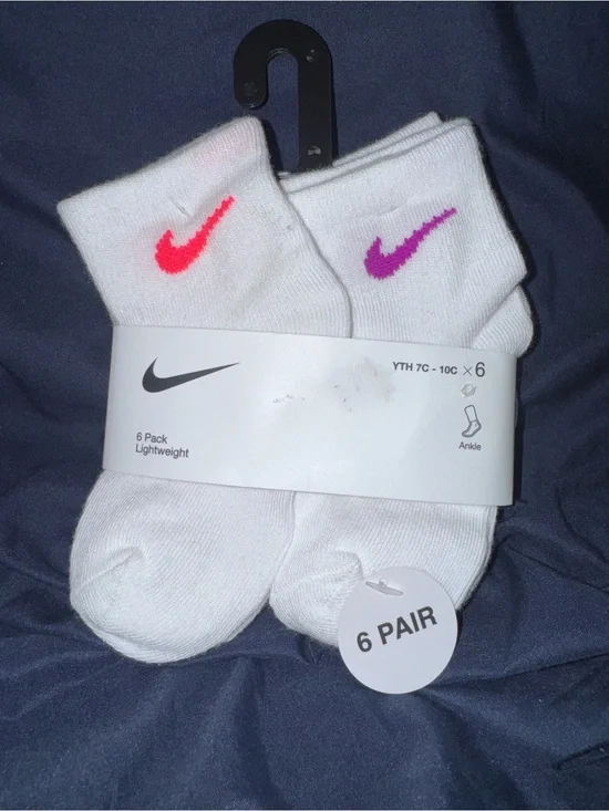 Nike White Ankle Socks with Pink,Purple,Neon Yellow, Blue and Green Swooshes-6Pk
