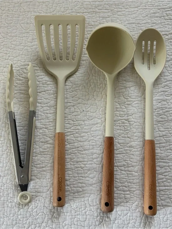Carote Cream Silicone and Wood Cooking Utensil Set - 4-Piece
