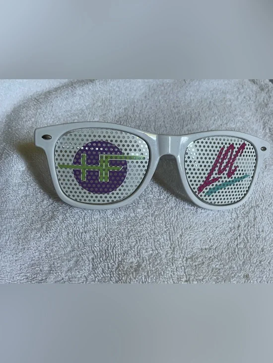 White Perforated Novelty Sunglasses with Purple & Lime Graphics
