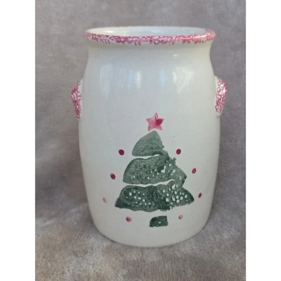 Vintage Christmas Tree Ceramic Crock Utensil Holder Holiday Decor