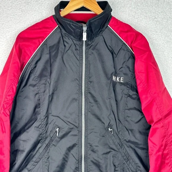 Nike Vintage Red‎ Black Track Jacket Women L Full Zip Swoosh Windbreaker Y2K 90s