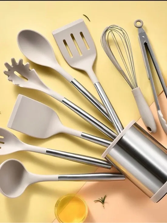 Beige Silicone & Stainless Steel 8-Piece Kitchen Utensil Set by