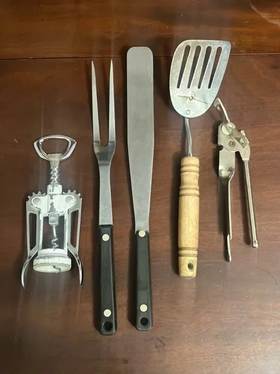 Lot of 5 Vintage Ekco Utensils Meat Fork, Spatulas, Can & Wine Bottle Openers