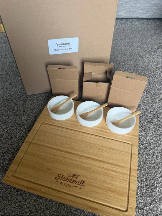 Bamboo Charcuterie Board with White Serving Bowls