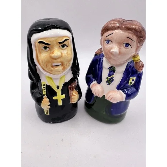 Nun & Catholic School Girl Salt & Pepper Shakers Ceramic Church Religion 1998 Vt