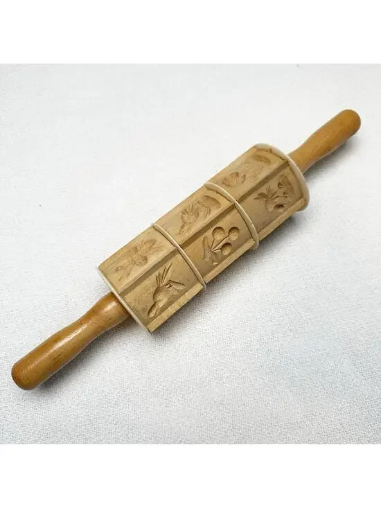 Vintage wooden carved Springerle mold cookie cutter rolling pin