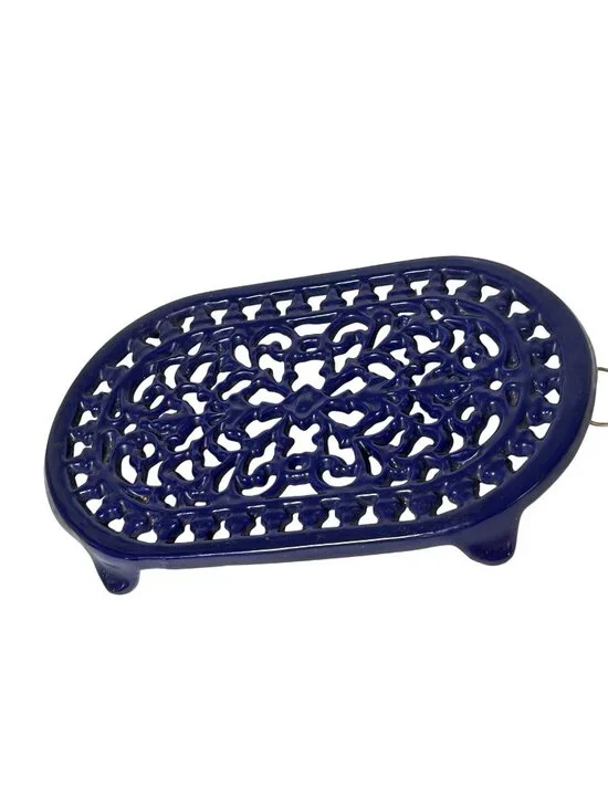Cobalt Blue Cast Iron Heavy Trivet Oval 10x6 Filigree