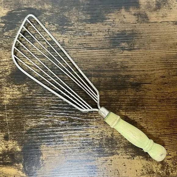 Vintage Farmhouse Kitchen Utensil Green Wooden Handle Whisk Turner