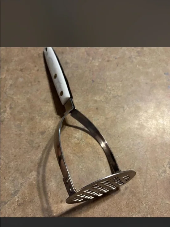 Vintage Stainless Steel Potato Masher with White Handle