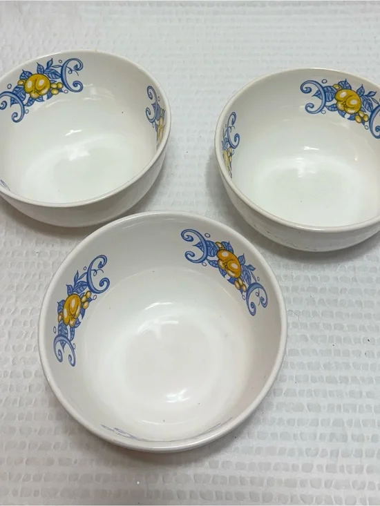 White Ceramic dressing Bowls with Blue and Yellow Floral Accent - Set of 3