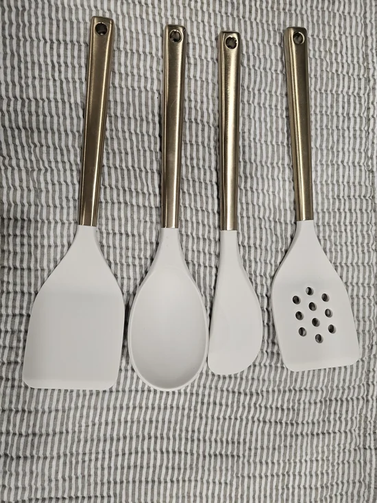 Figmint 4pc Silicone Utensil Set White/Gold Stainless Handles, Hanging Hole