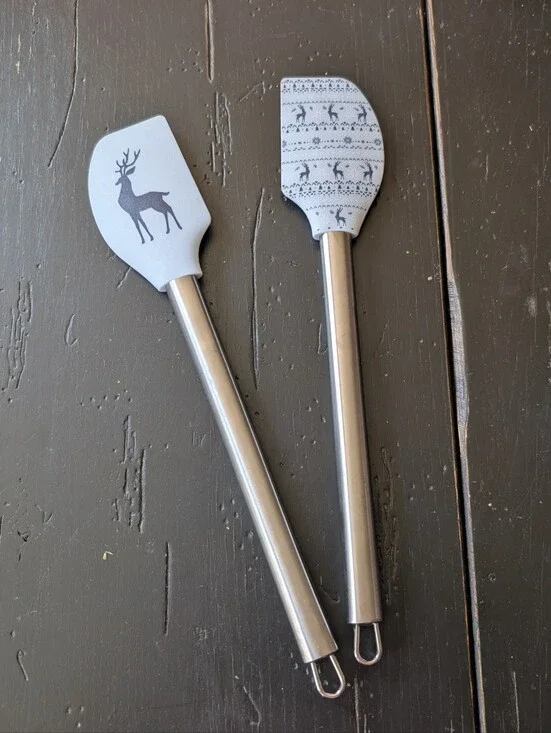 Pair of Winter Theme Nordic Holiday Spatulas Brushed Metal Handles Reindeer