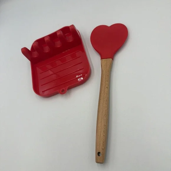 2 Pack Cute Red Heart Spatula Multiple Utensil Spoon Rest Drip Pad Valentine's