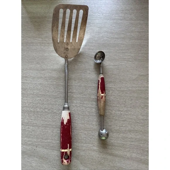 Vtg A&J Slotted Kitchen Spatula Flipper Ekco A&J Melon Baller Red Wood Handles