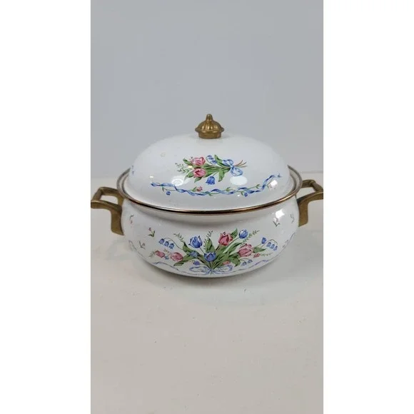Lincoware Enamelware Brass Tulip French Fleur Dutch Oven 2 Qt