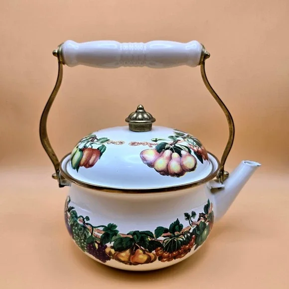 Vintage Enamel Fruit‎ Kettle 2 Quart Tea Pot White Gold Trim Induction Stovetop