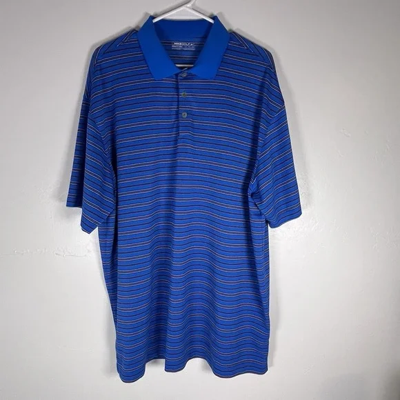 Nike Golf Dri Fit Mens Polo Shirt Sz XXL Blue w Red Black Stripes Short Sleeve